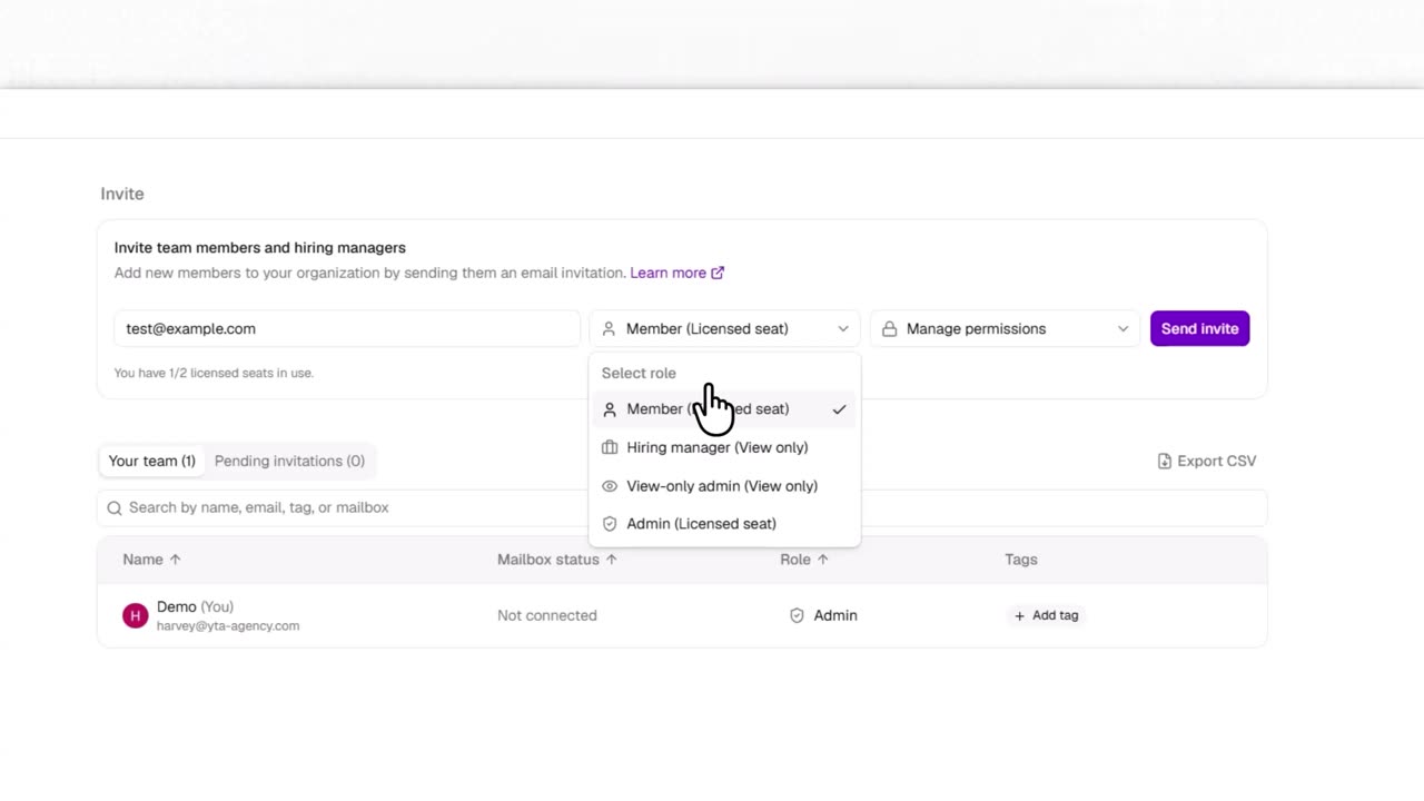 Juicebox invite screen with the role dropdown open
